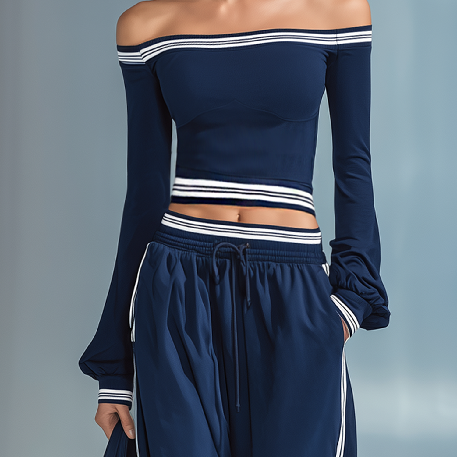 Women's Fashionable Casual Navy Blue And White Striped Off-the-shoulder Crop Top
