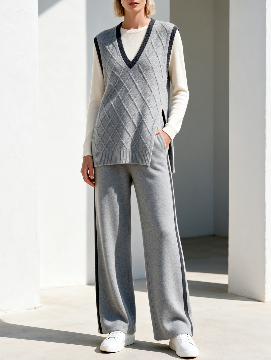 V-neck Argyle Vest With Side Slits And Wide-Leg Pants Set