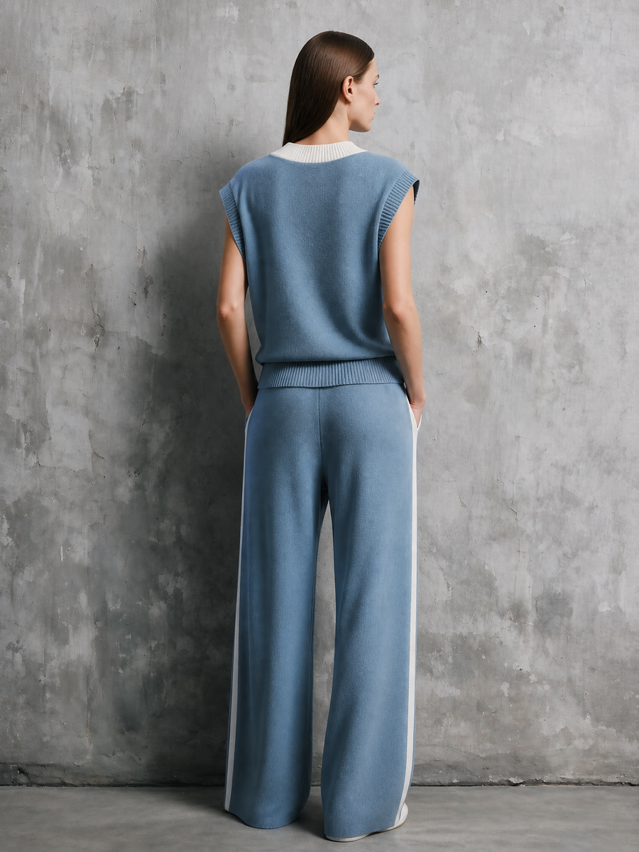 Dusty Blue Embroidered Knit Vest & Side-Stripe Wide-Leg Pants Set