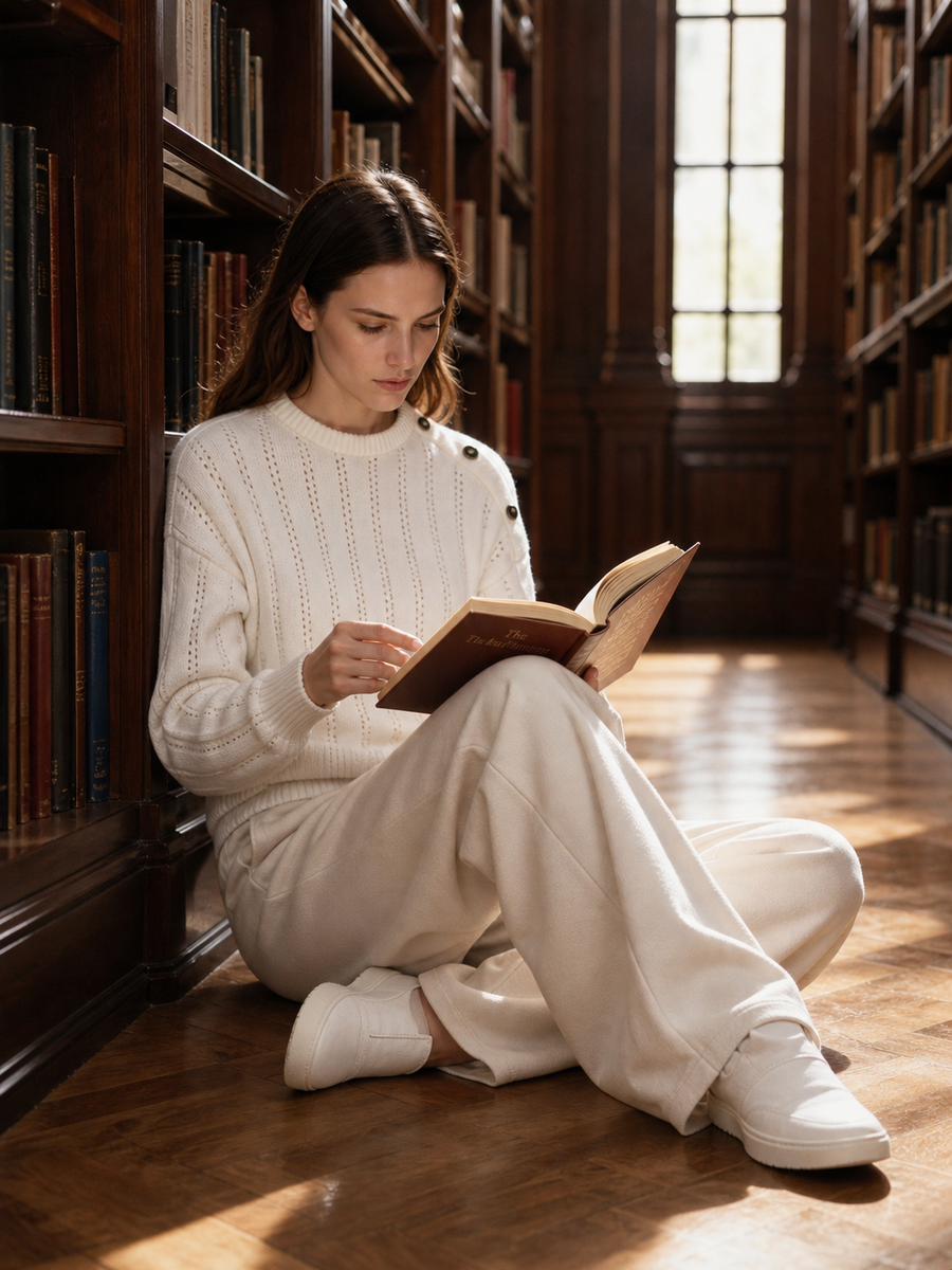 White Crew-neck Long-sleeve Sweater With Side Button Detail And Oatmeal-colored Trousers Set