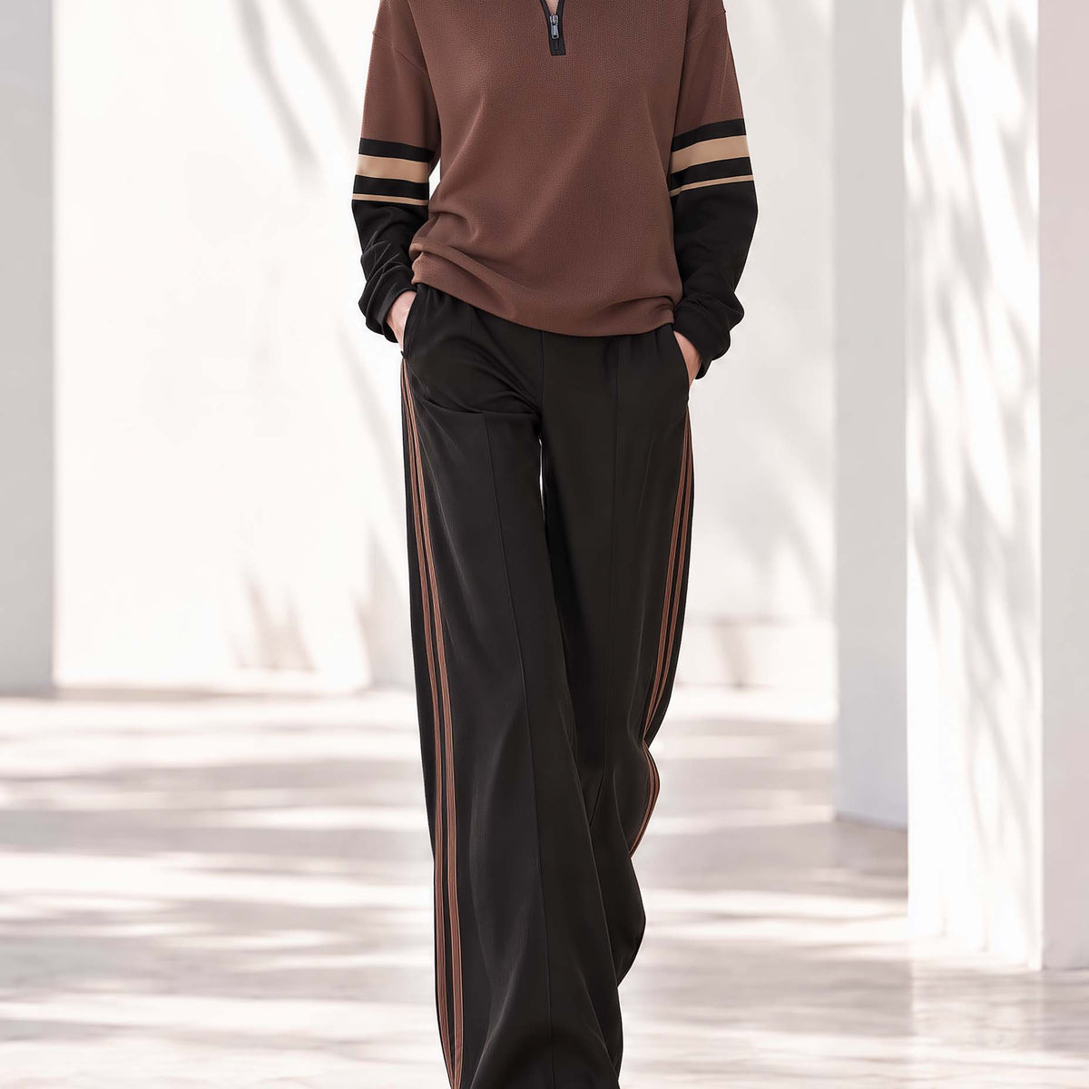 Black And Brown Color-block Long-sleeve Top And Trousers Set With Half-zip Collar
