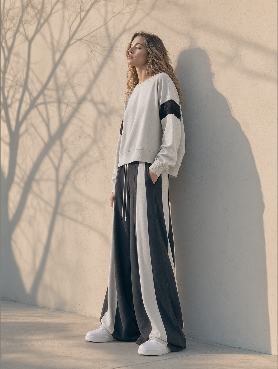 Oatmeal Varsity-Stripe Sweatshirt & Color-Block Wide-Leg Pants Set