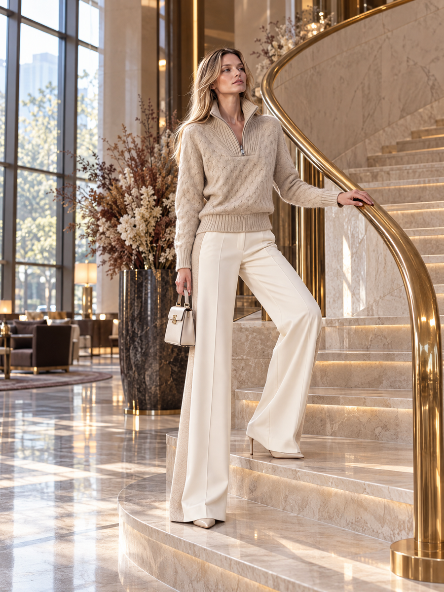 Stylish Casual Khaki Long-sleeve Sweater And White Color-block Trousers Set