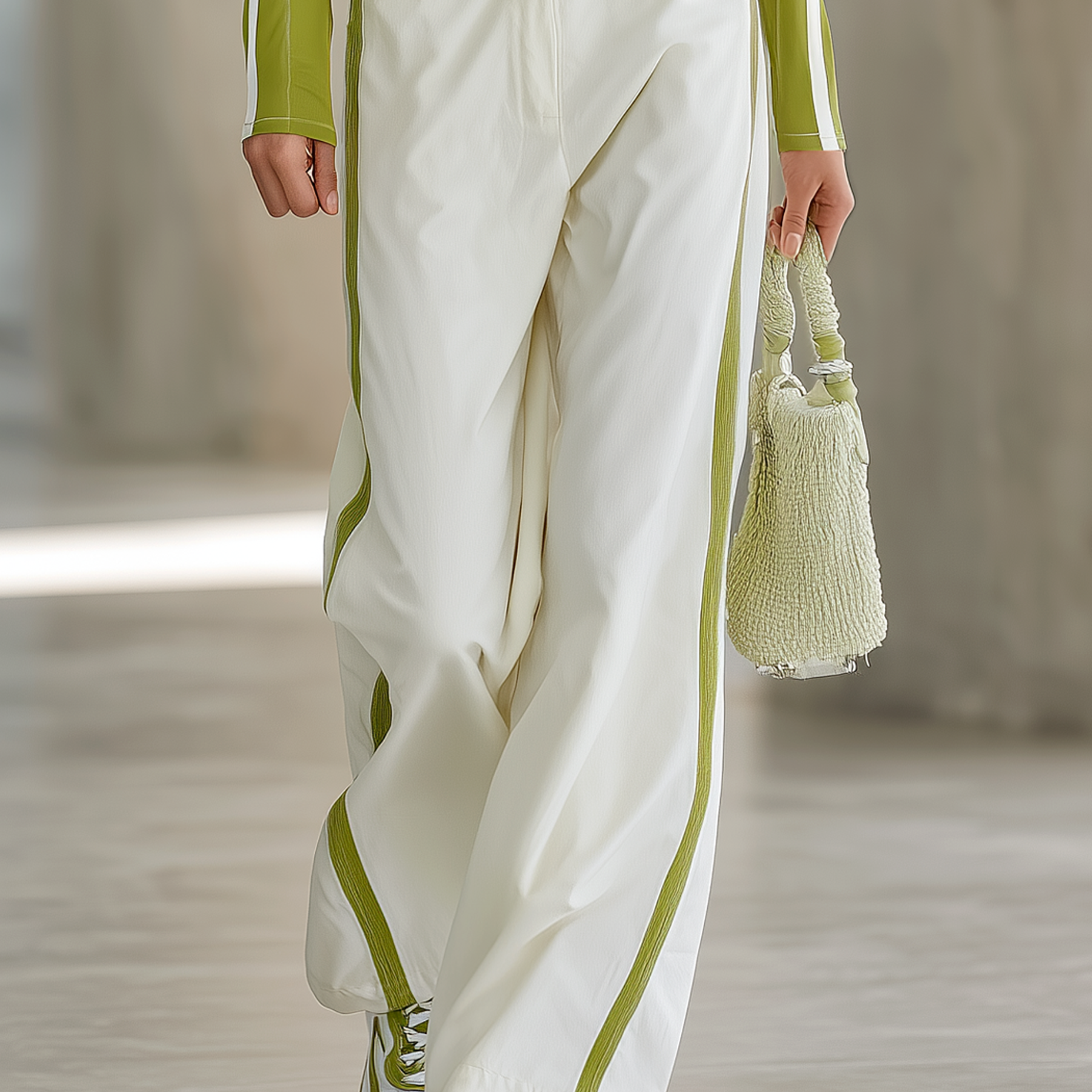 Women's Versatile White And Olive Green Wide-leg Casual Trousers