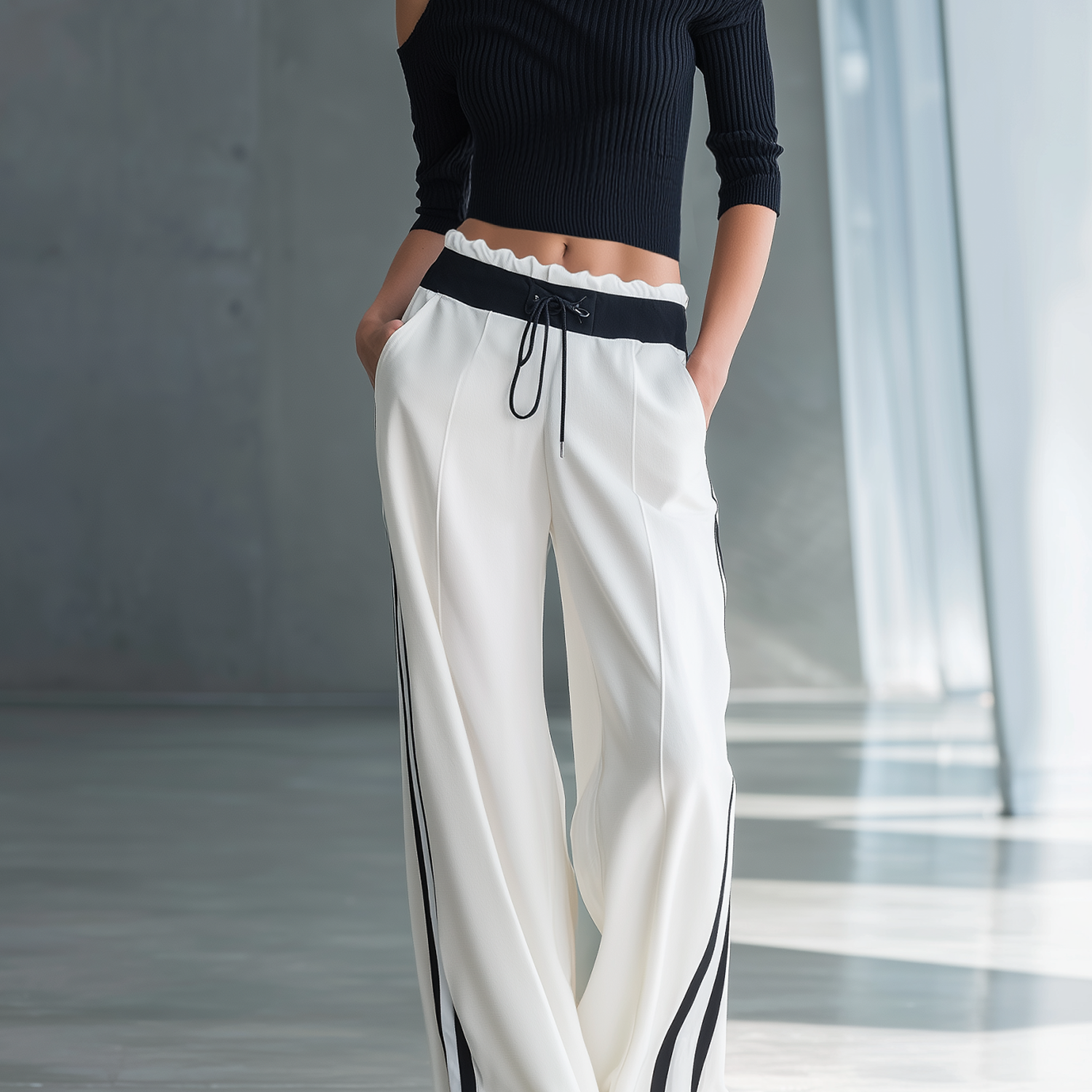 Women's Fashionable Casual Black Off-the-shoulder Top And Wide-leg Pants Set
