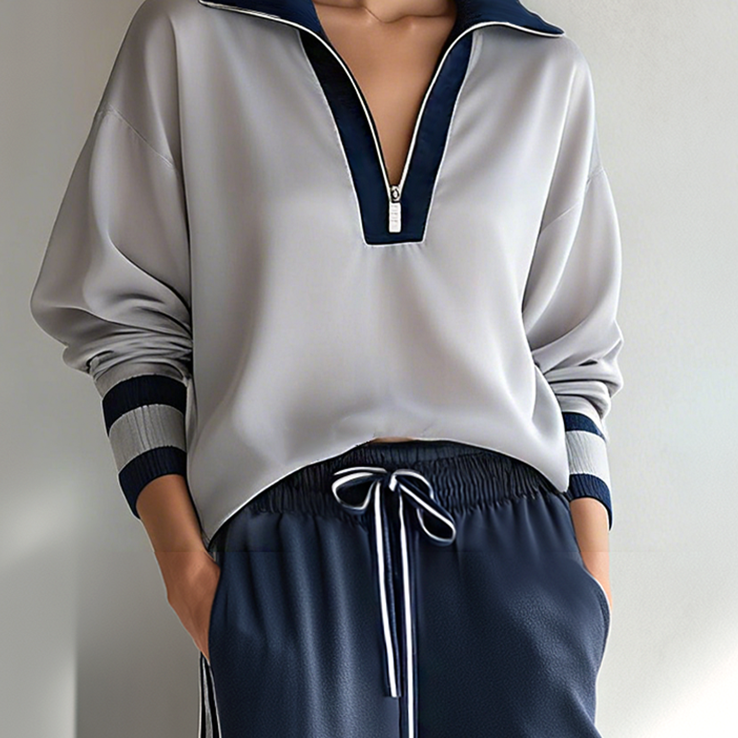 Women's Fashionable Casual Grey Color-block Half-zip Collared Loose-fitting Top