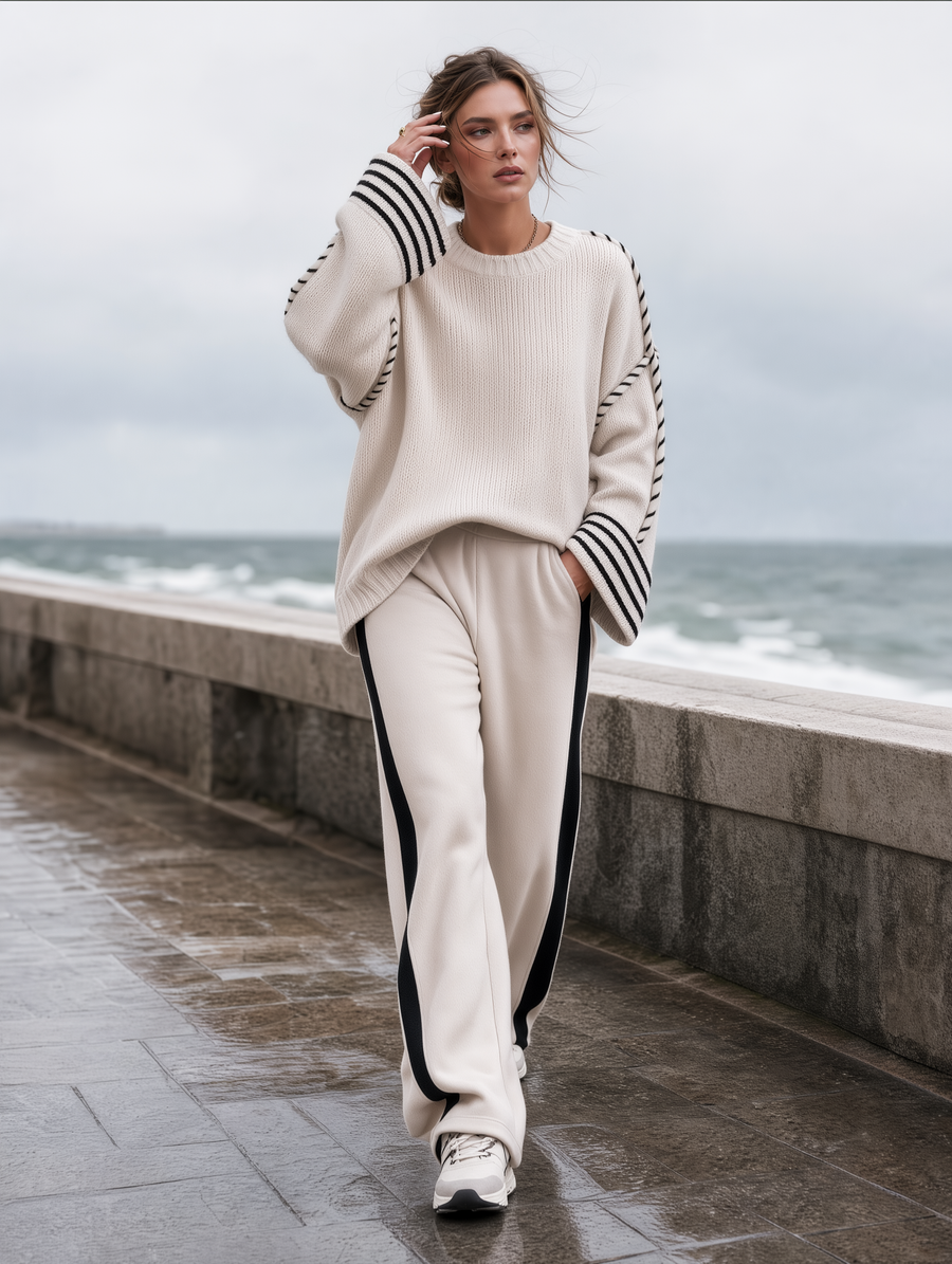 Cream Whipstitch Chunky Sweater & Black Side Stripe Wide-Leg Pants Set
