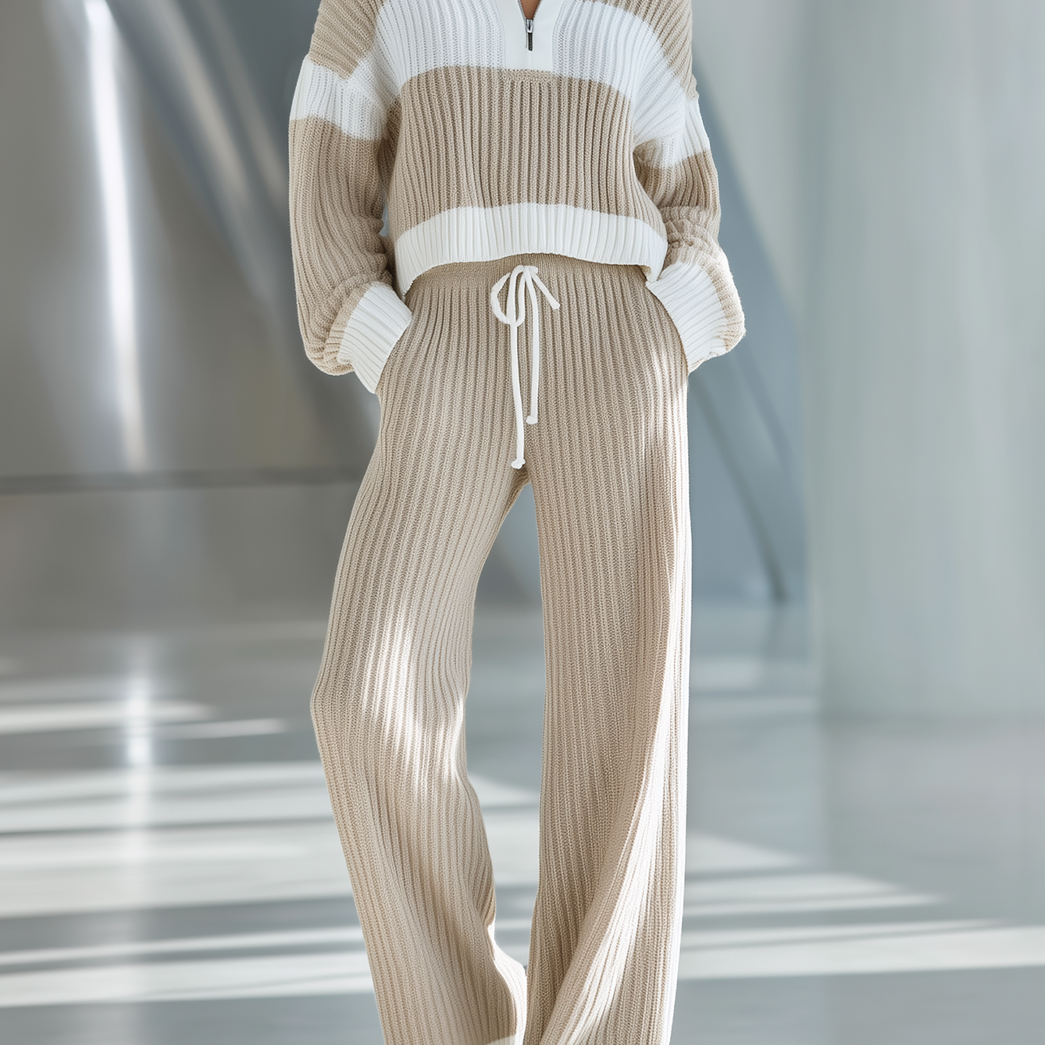 Women's Beige And White Striped Knitted Collared Half-zip Casual Set