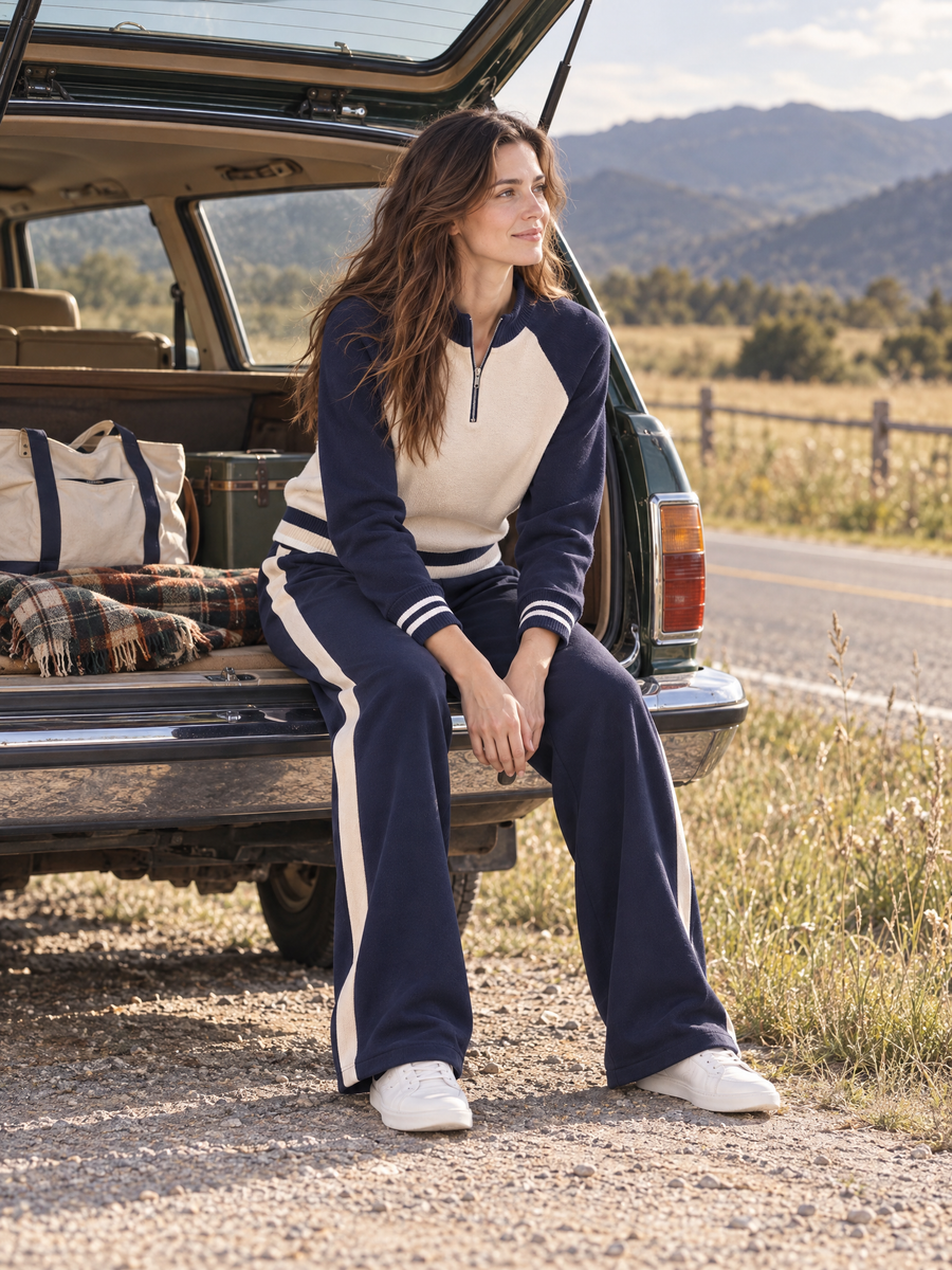 Navy Blue Casual Color-block Long-sleeve Sweater And Trousers Set