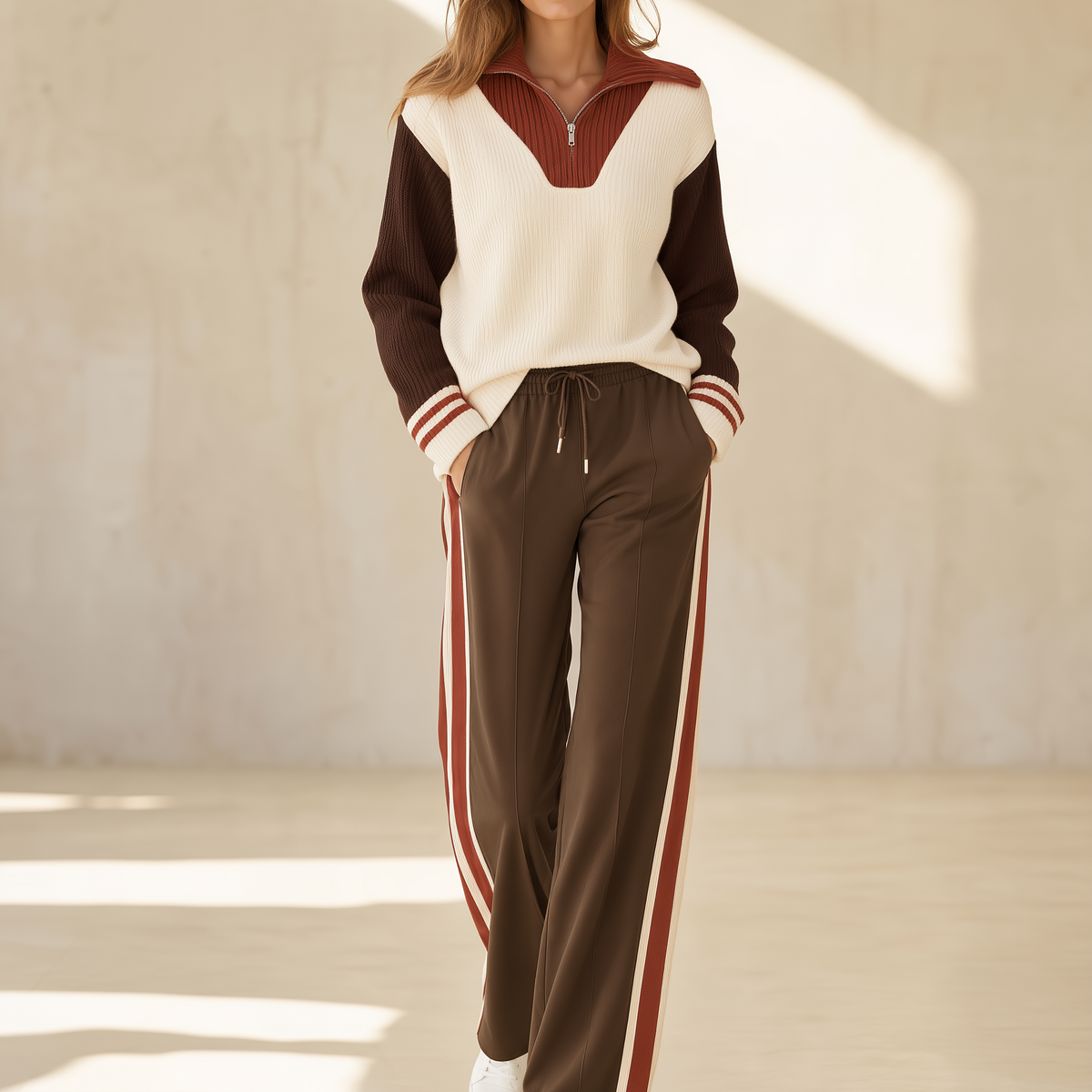 Beige Color-block Long-sleeve Half-zip Sweater And Khaki Trousers Set