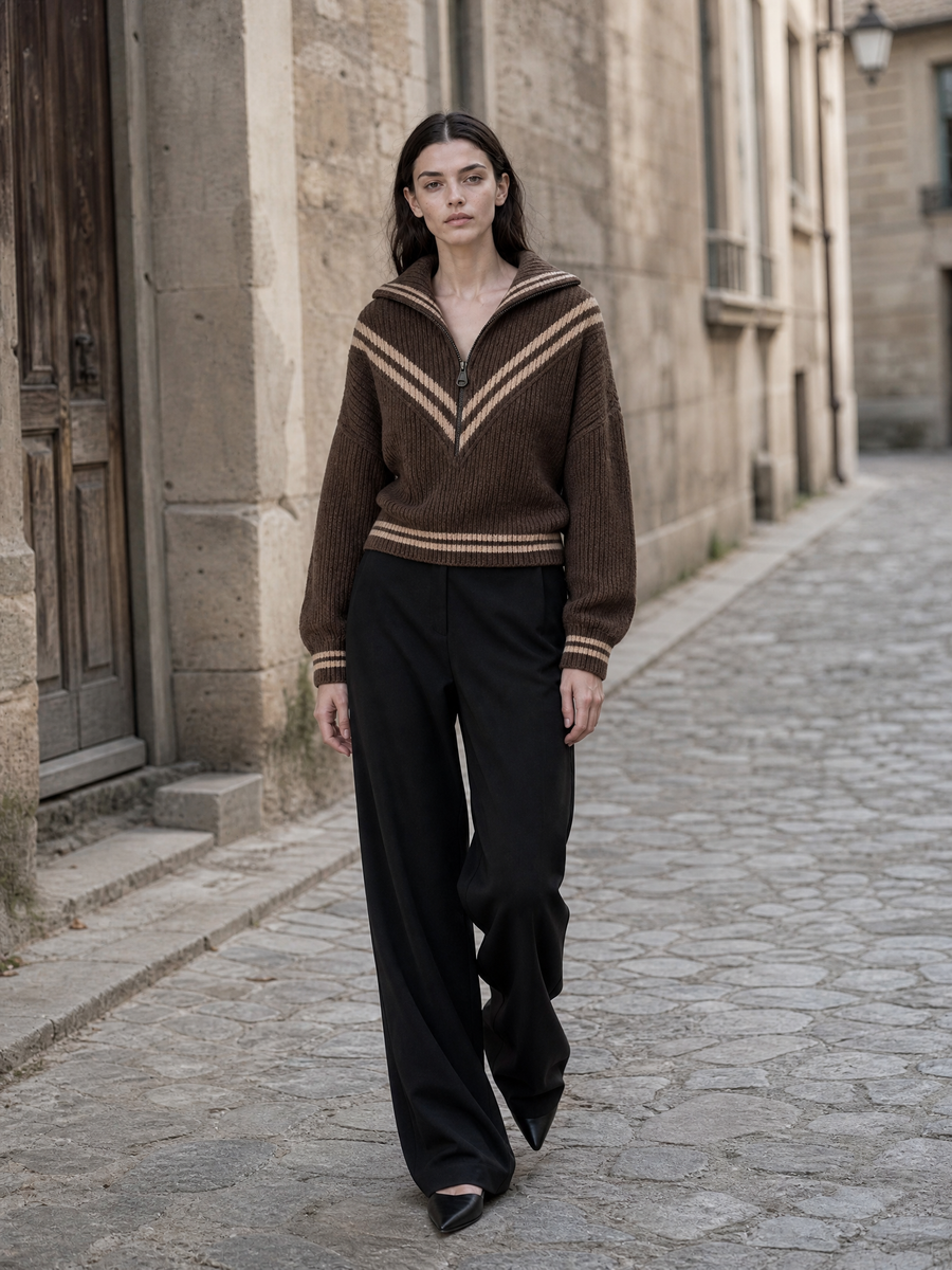 Mocha Brown V-Stripe Half-Zip Wide-Collar Oversized Knit Sweater
