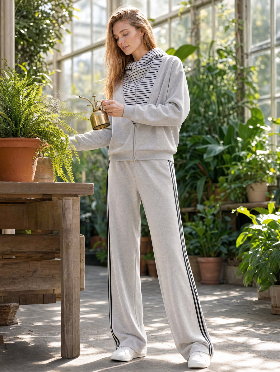Grey Color-blocked Striped Long-sleeve Hooded Jacket And Wide-leg Pants Set