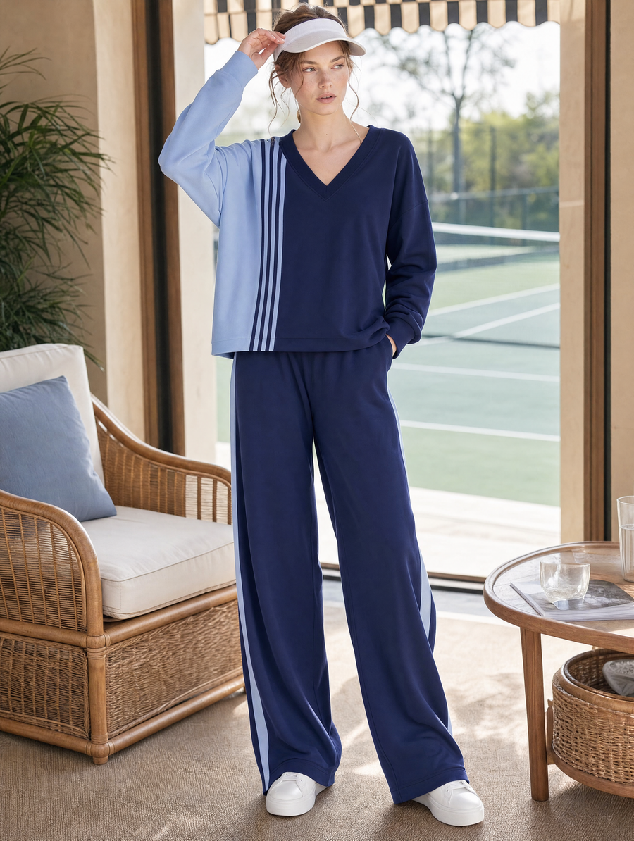 Casual Navy And Blue Color-block V-neck Long-sleeve Top And Trousers Set