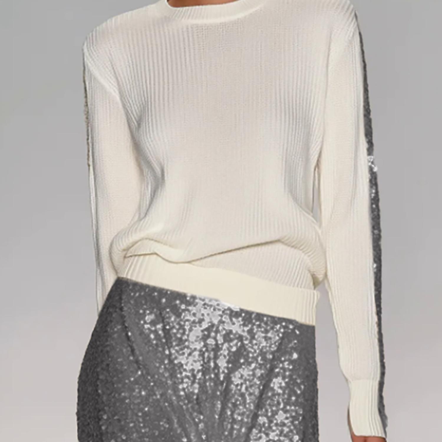 Women's Off-white Round Neck Sequined Sleeve Knit Pullover Sweater