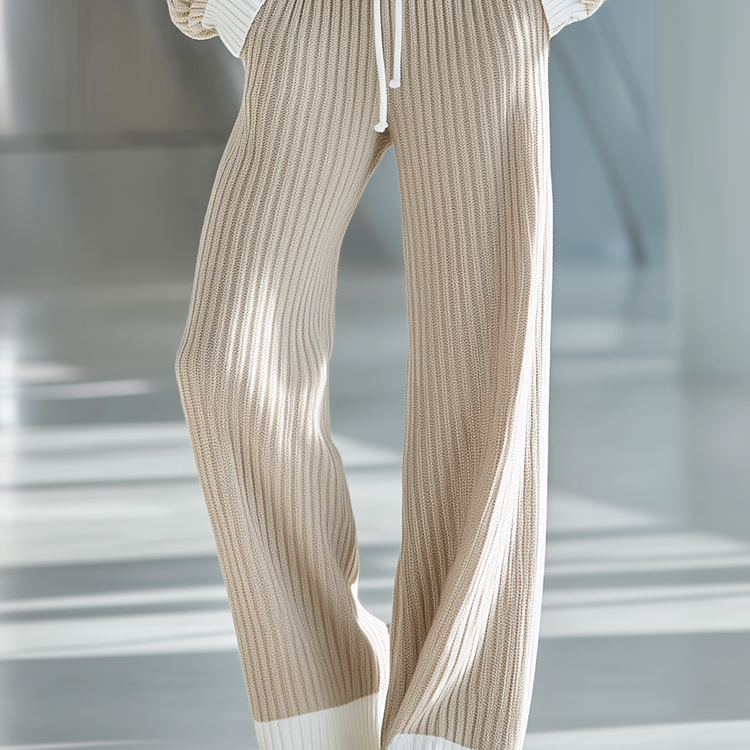 Women's Stylish Casual Beige And White Drawstring Knit Wide-leg Pants
