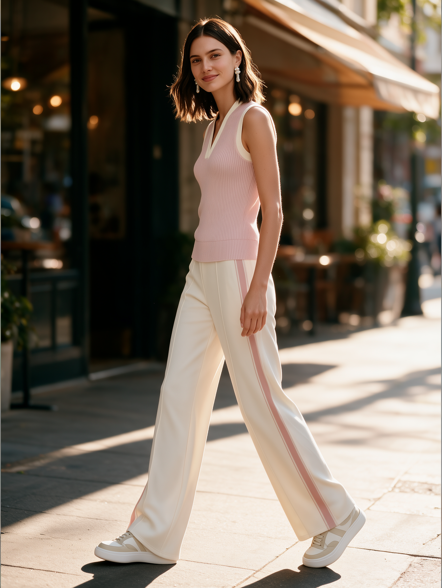 Color-Block Olive Green V-Neck Sleeveless Knit Vest & Side-Stripe Wide-Leg Pants Set