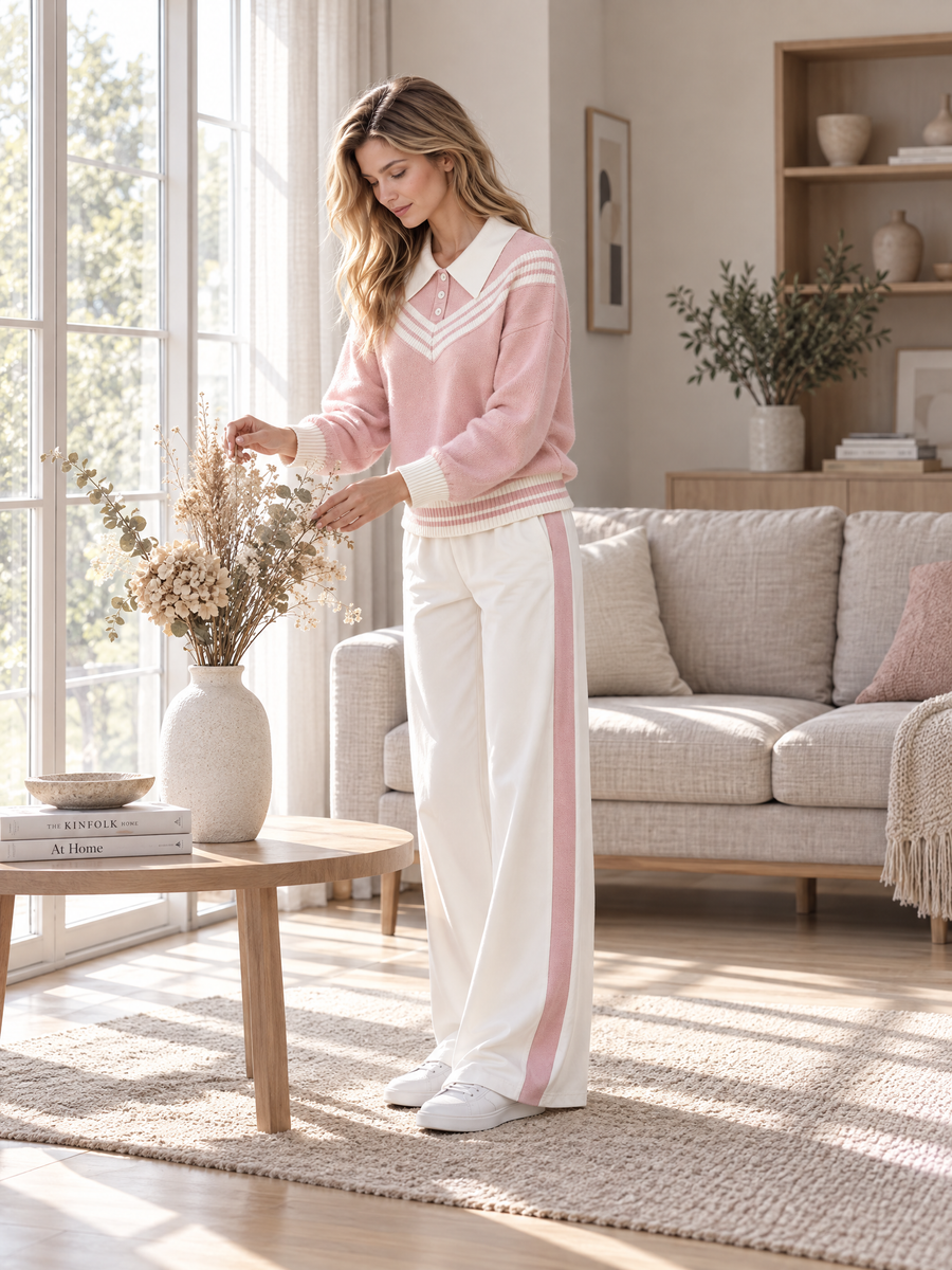Casual-chic Pink Color-block Long-sleeve Sweater And Trousers Set With A Collar.