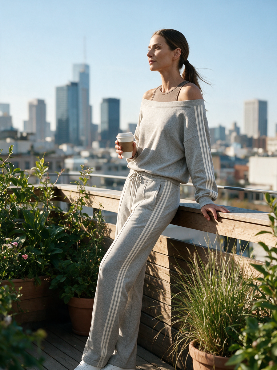 Grey Off-the-shoulder Sweatshirt And Straight-leg Trousers Set