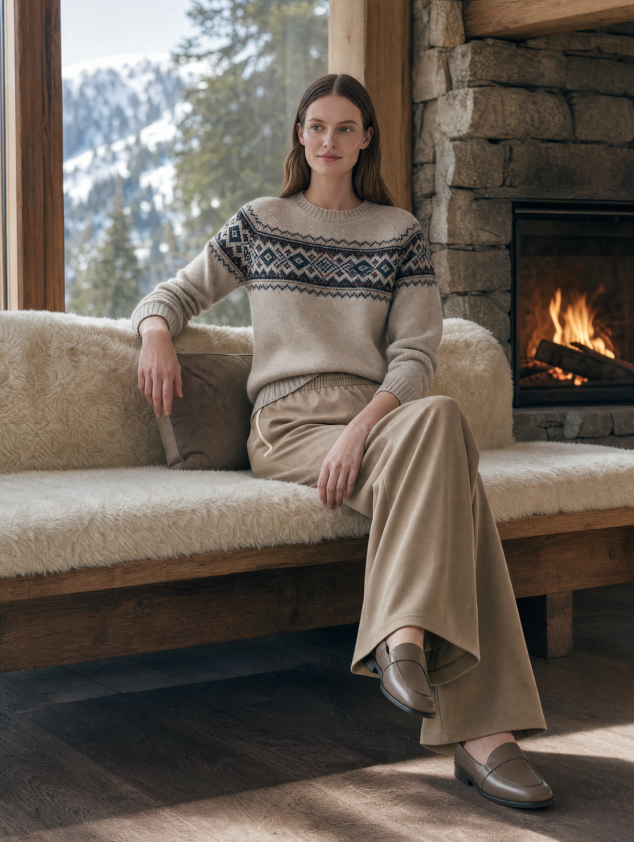 Fair Isle Knit Sweater & Khaki Wide-Leg Pants Set