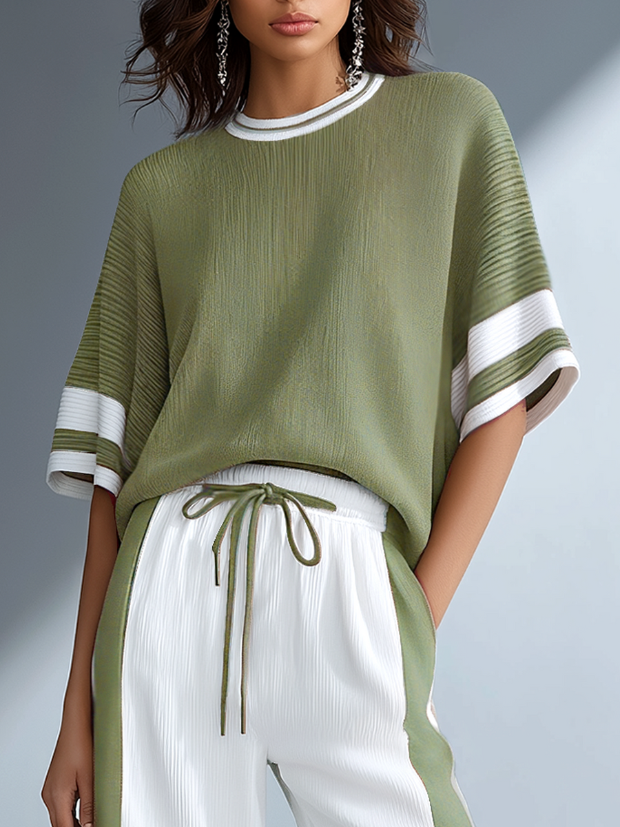 Women's Stylish Casual Brown Color-block Short-sleeved Knitted Top And Trousers Set