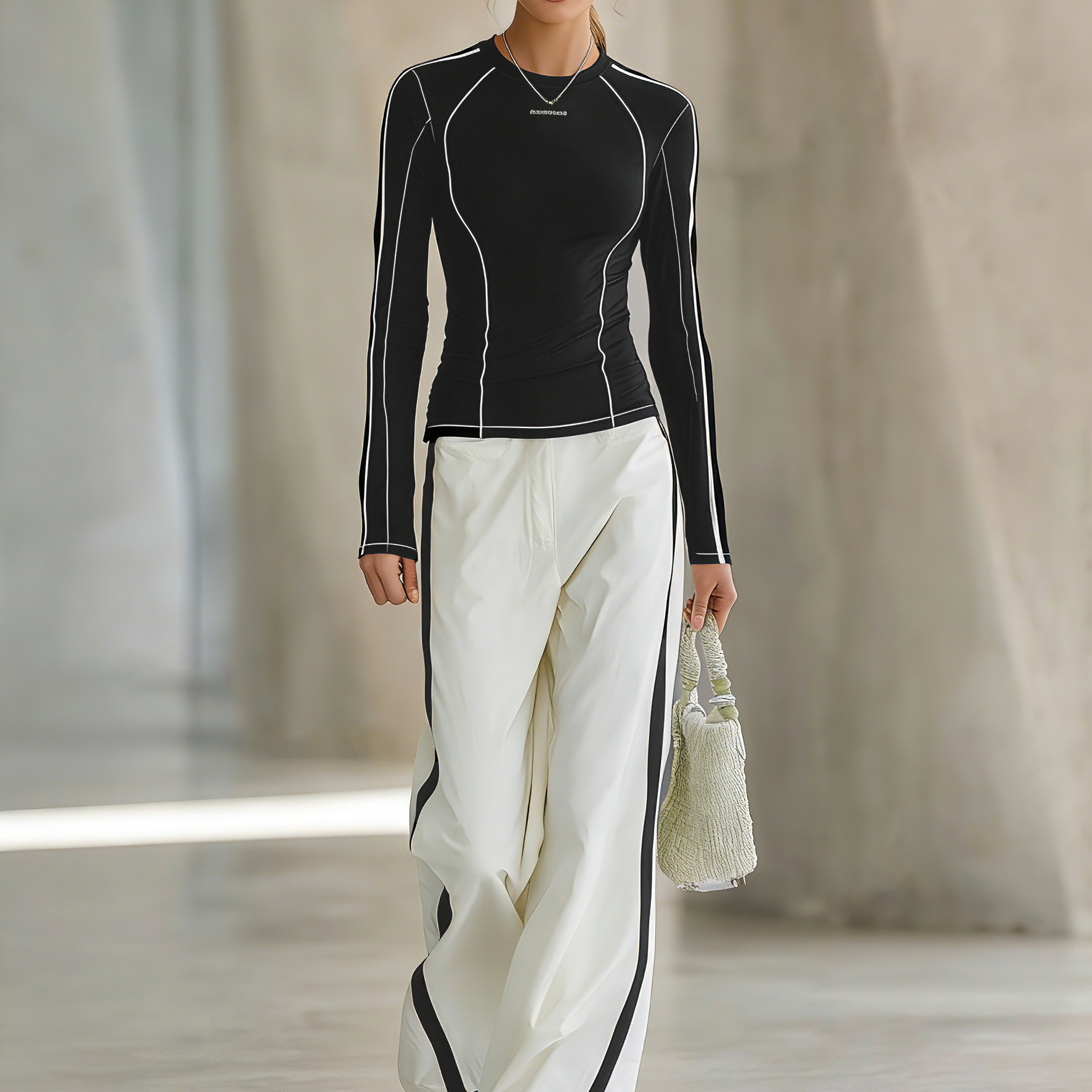 Women's Lightweight Outdoor Casual Knitted T-shirt And Wide-leg Trousers Set