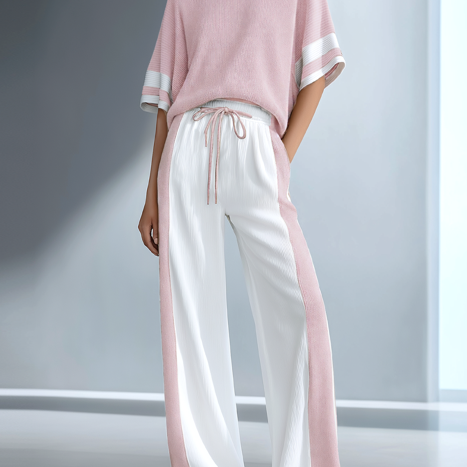 Women's Stylish Casual Brown Color-block Short-sleeved Knitted Top And Trousers Set