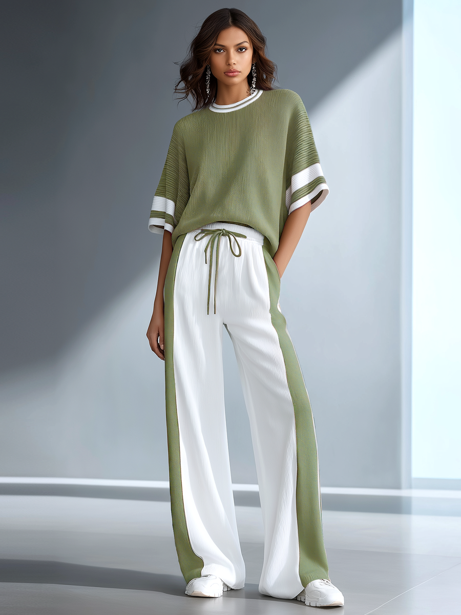 Women's Stylish Casual Brown Color-block Short-sleeved Knitted Top And Trousers Set