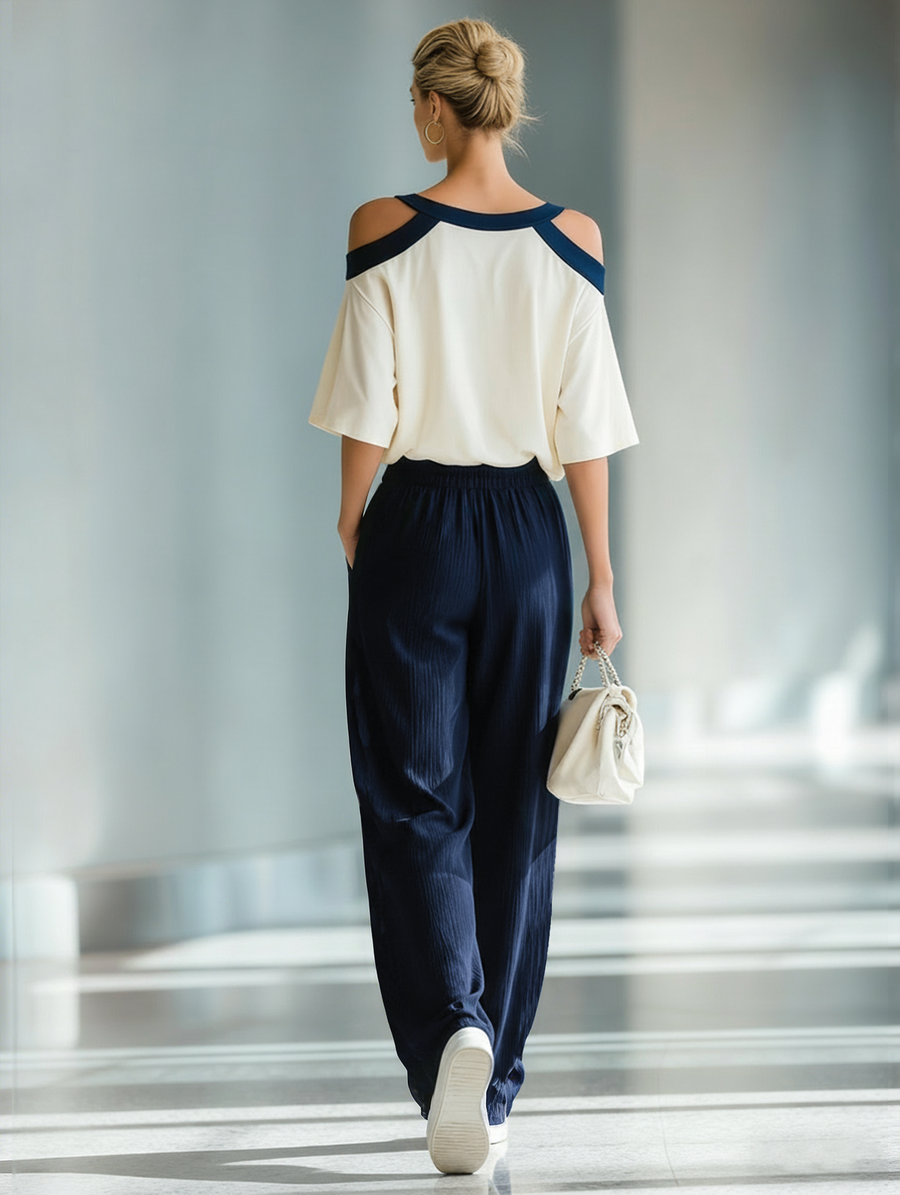 Women's Retro Relaxed-fit Color-block Off-the-shoulder Top And Ribbed Wide-leg Pants Set