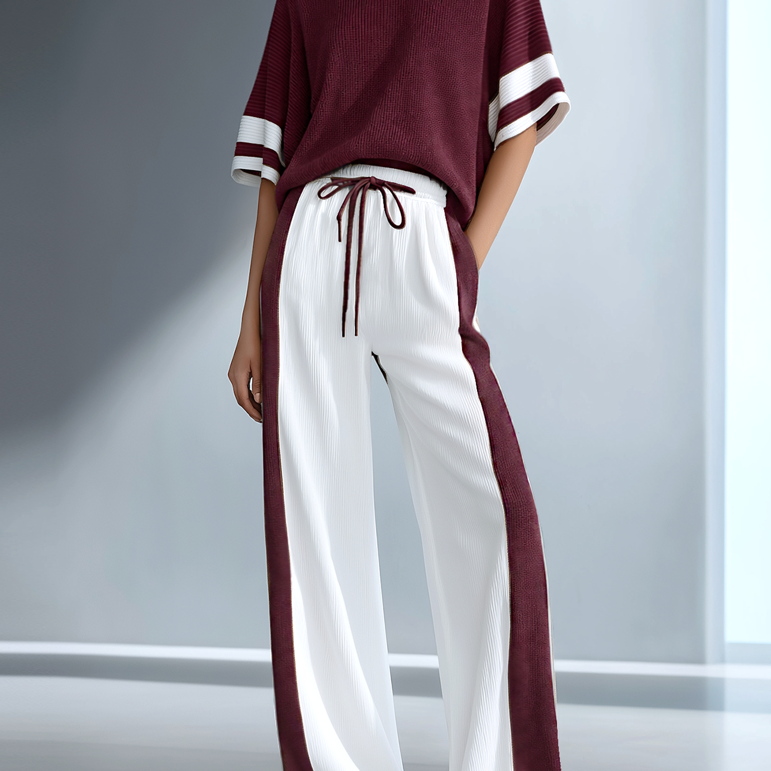 Women's Stylish Casual Brown Color-block Short-sleeved Knitted Top And Trousers Set