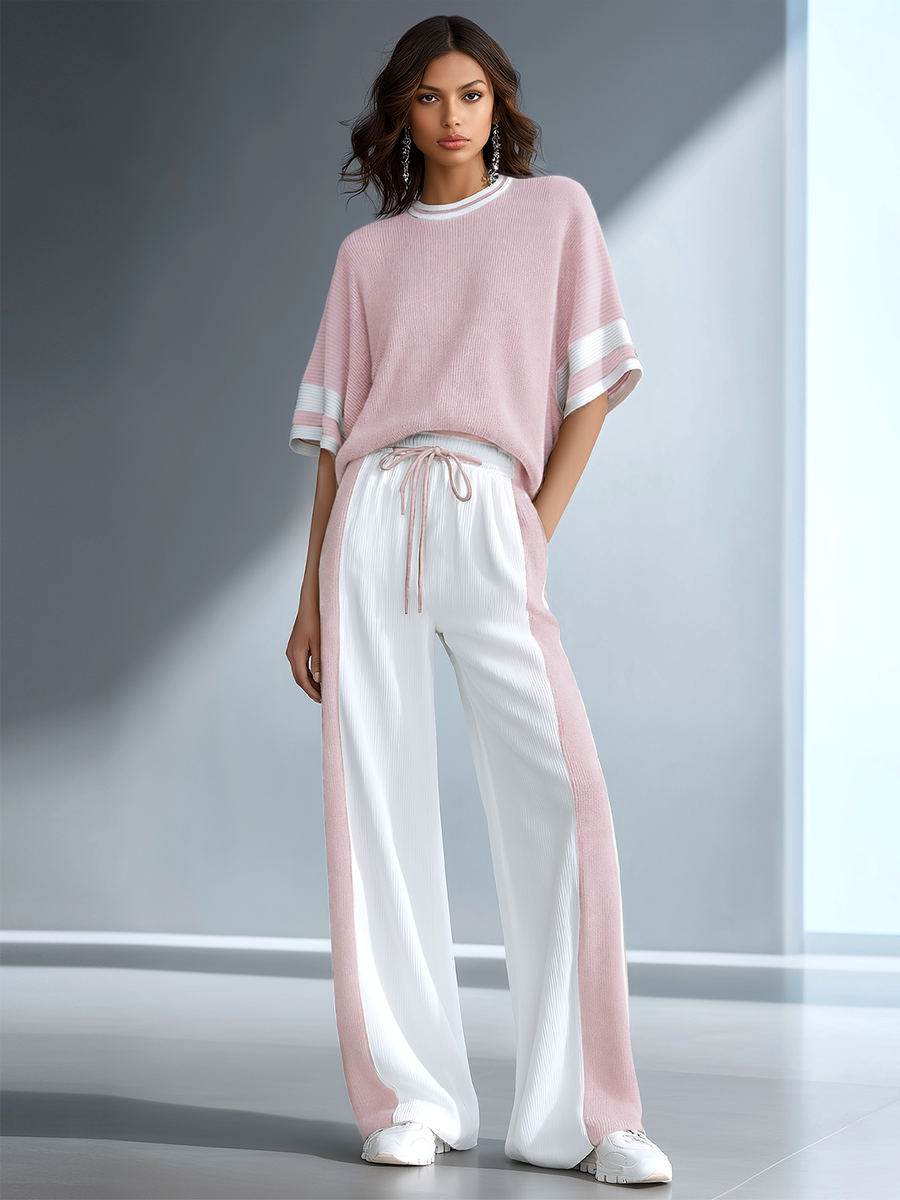Women's Stylish Casual Brown Color-block Short-sleeved Knitted Top And Trousers Set