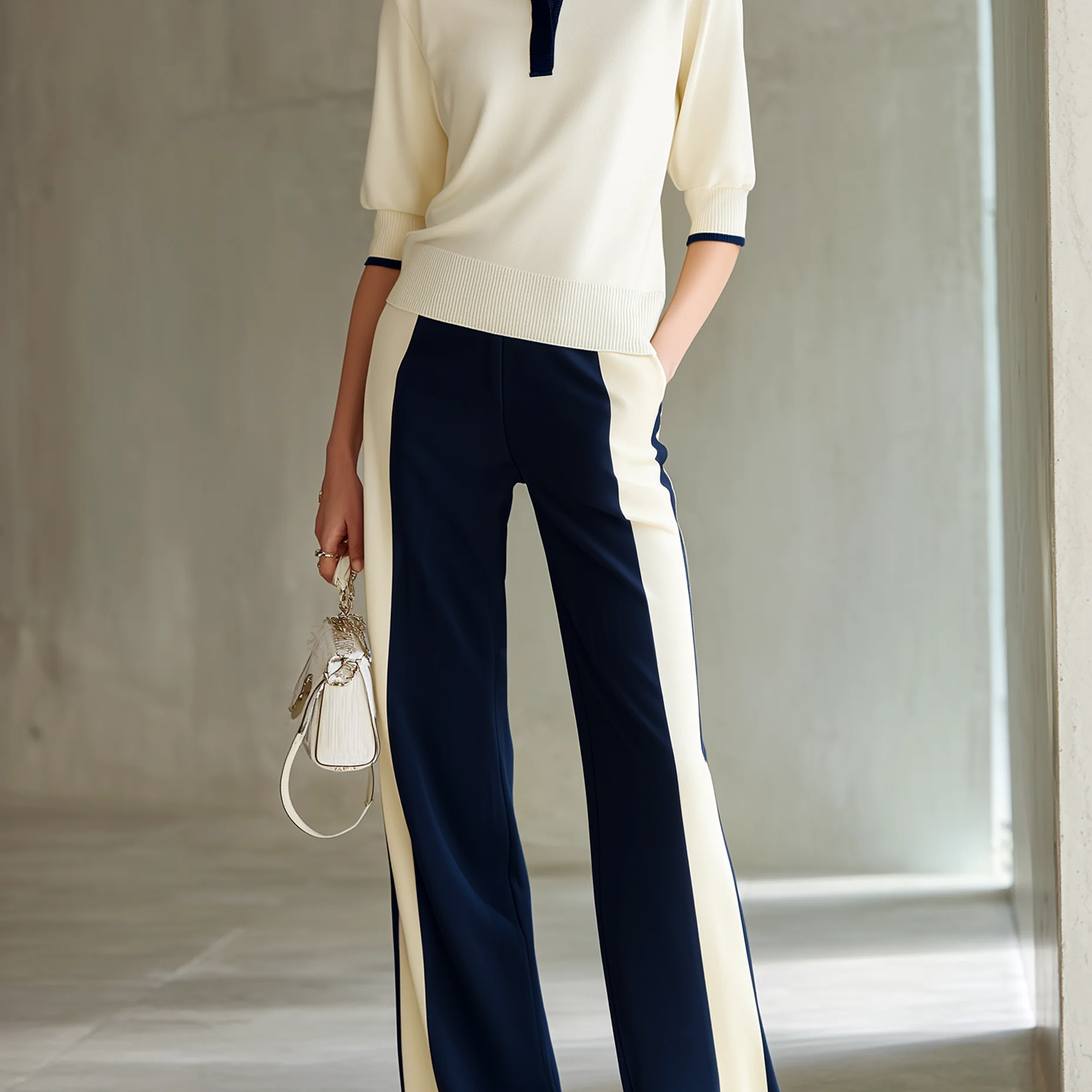 Women's Off-white Polo Neck Knitted Top And Contrasting Wide-leg Pants Set