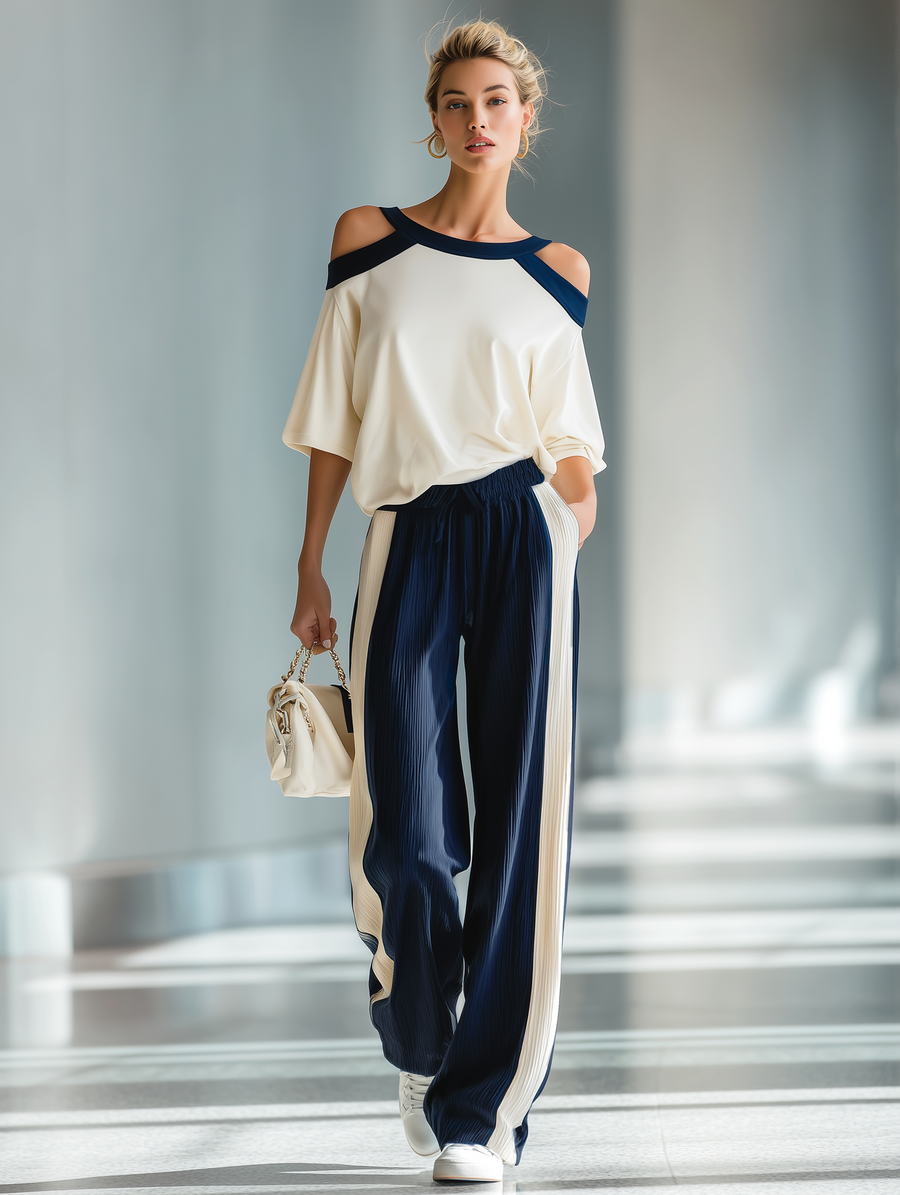 Women's Retro Relaxed-fit Color-block Off-the-shoulder Top And Ribbed Wide-leg Pants Set