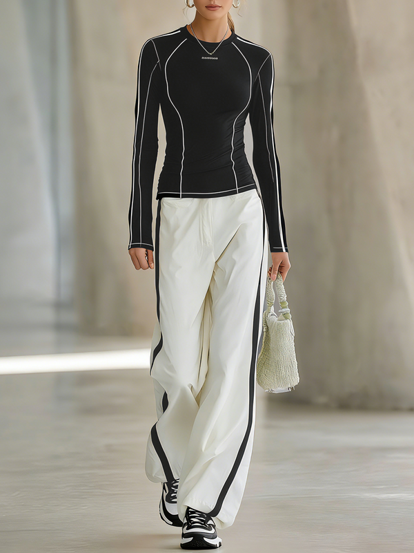 Women's Lightweight Outdoor Casual Knitted T-shirt And Wide-leg Trousers Set - Black