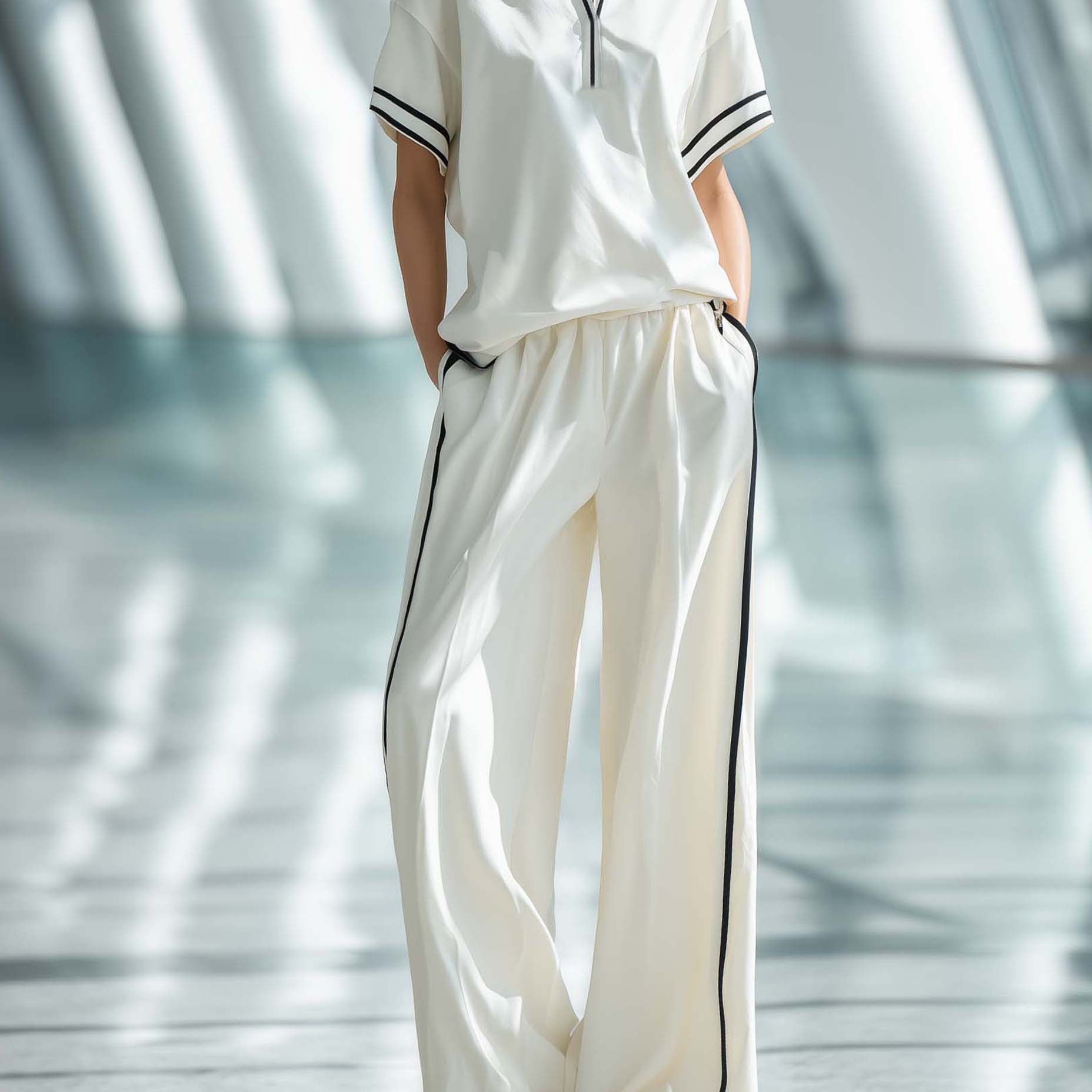 Women's Stylish Casual White Collared Short-sleeved Top And Trousers Set