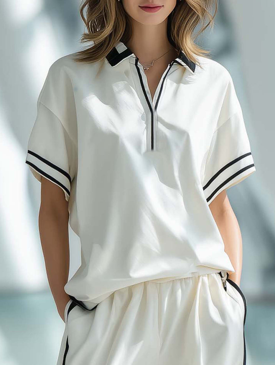 Women's Stylish Casual White Collared Short-sleeved Top And Trousers Set
