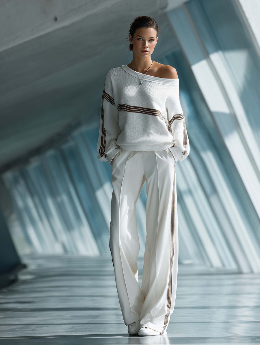 Women's Stylish Casual White Off-the-shoulder Top And Trousers Set