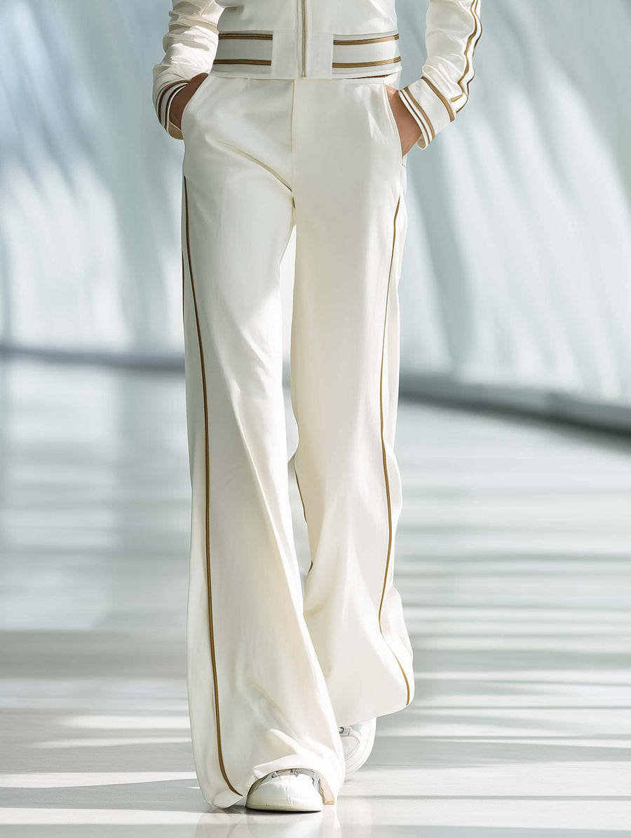Women's Stylish Casual White Long-sleeved Top And Trousers Set