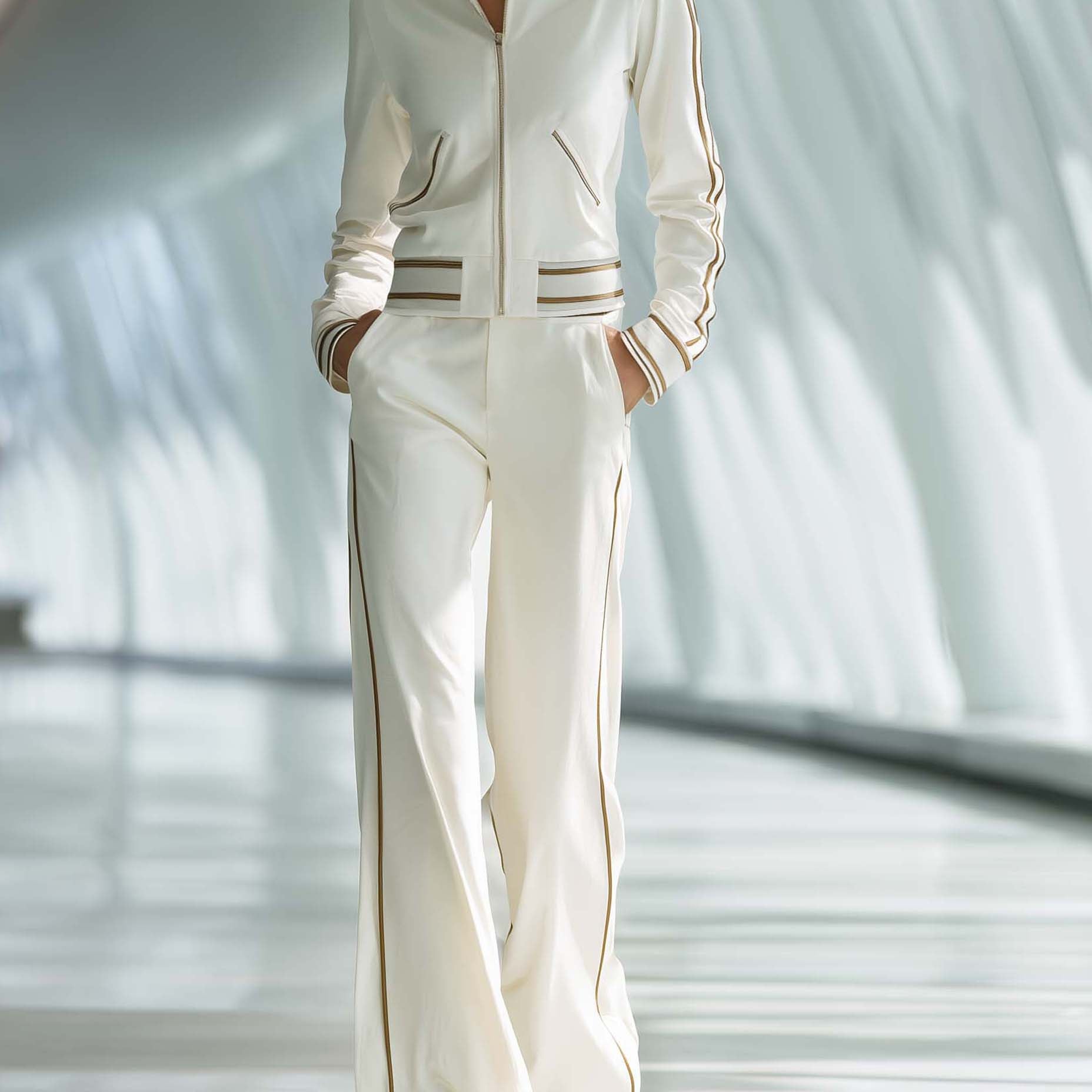 Women's Stylish Casual White Long-sleeved Top And Trousers Set