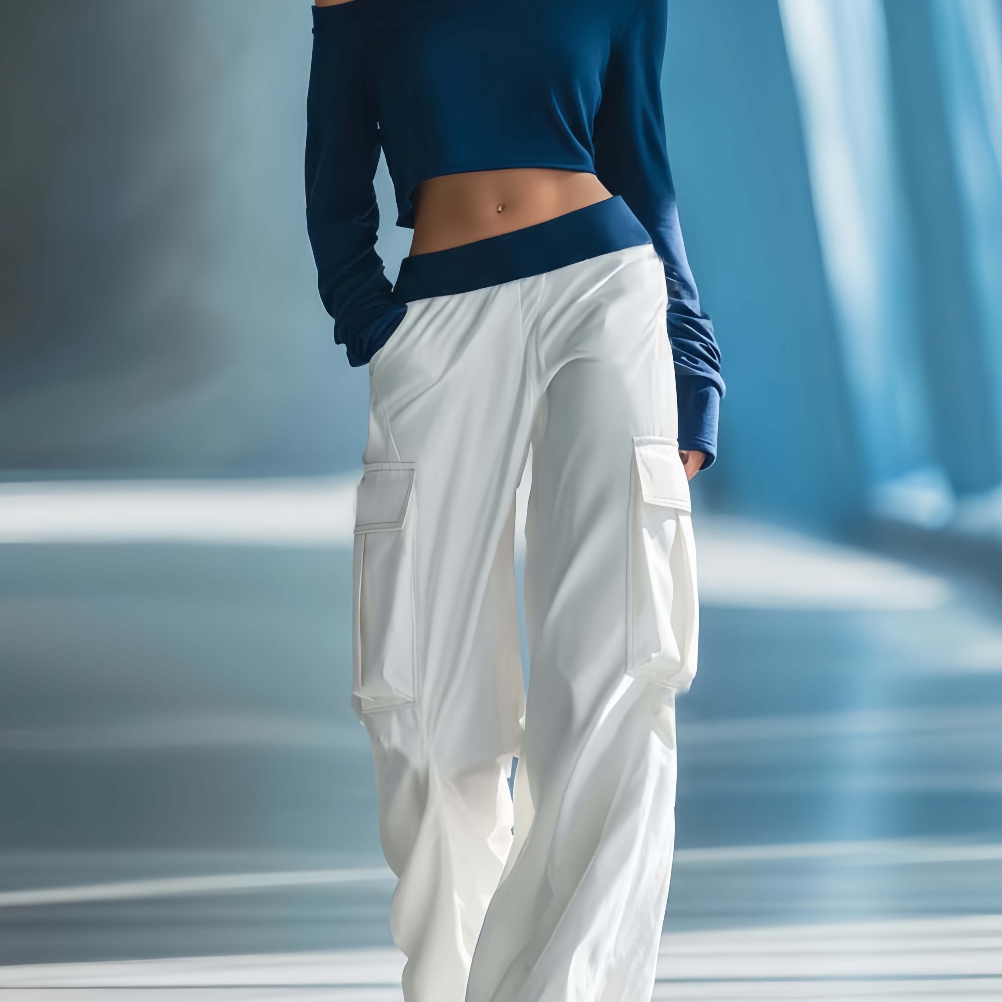 Women's Stylish Casual Dark Blue Off-the-shoulder Top And Trousers Set
