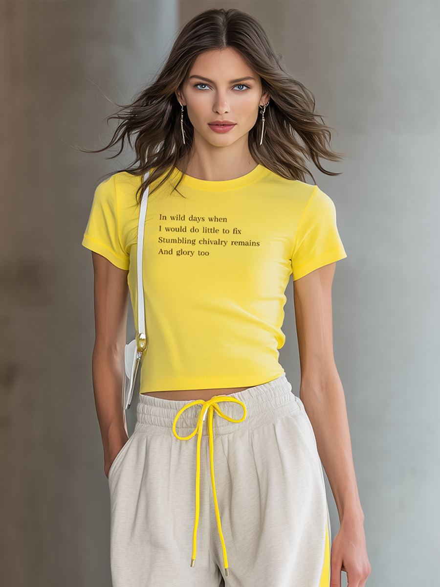 Women's Fashionable Casual Yellow Letter Print Short Top And Trousers Set
