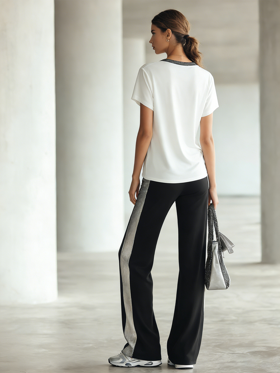 Women's White V-neck T-shirt And Black Wide-leg Pants With Silver Trim Set