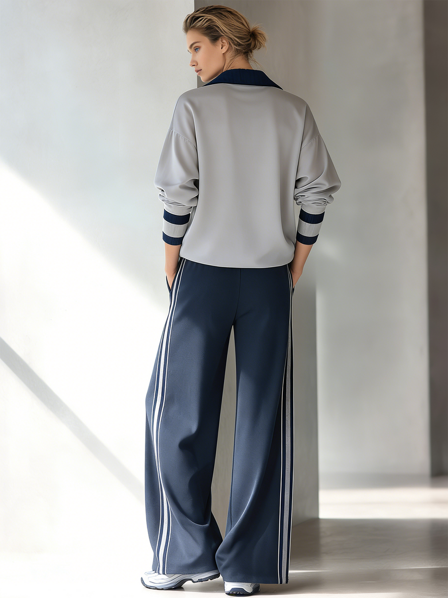 Women's Fashionable Casual Grey And Navy Blue Half-zip Top And Trousers Set