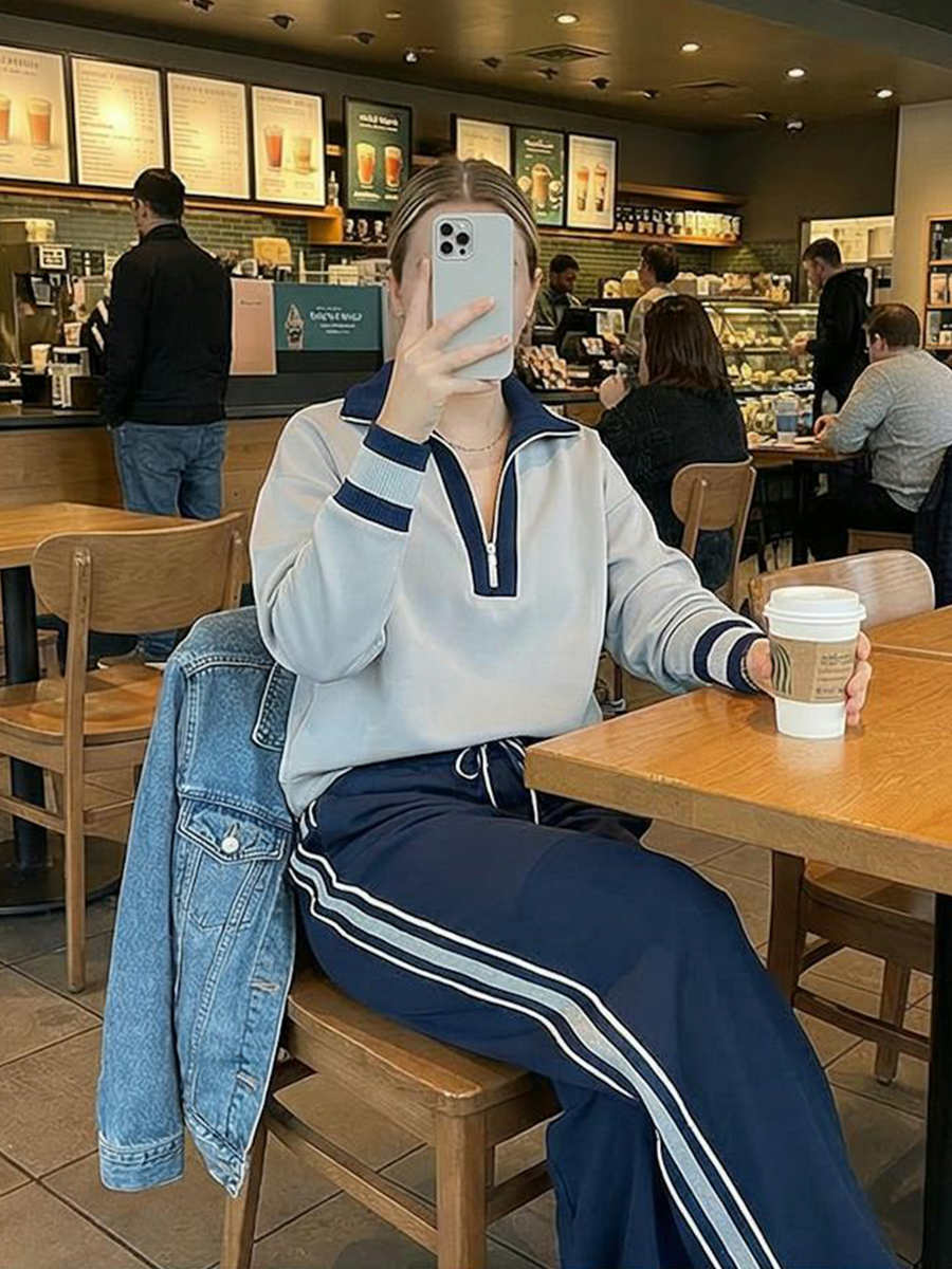 Women's Fashionable Casual Grey And Navy Blue Half-zip Top And Trousers Set