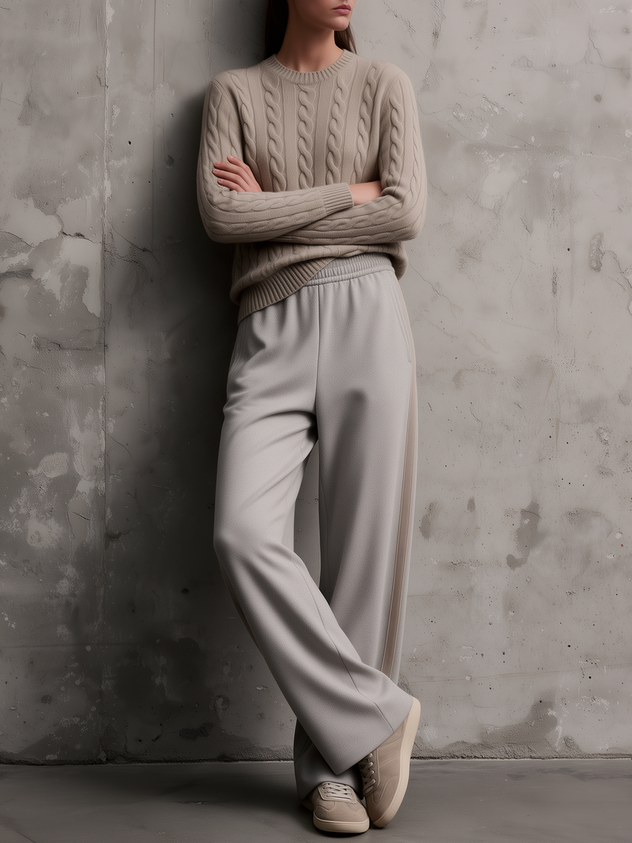 Women's Cable Knit Crewneck Sweater & Wide-Leg Trousers Set – Oatmeal Beige Grey Quiet Luxury Two-Piece Loungewear Co-Ord