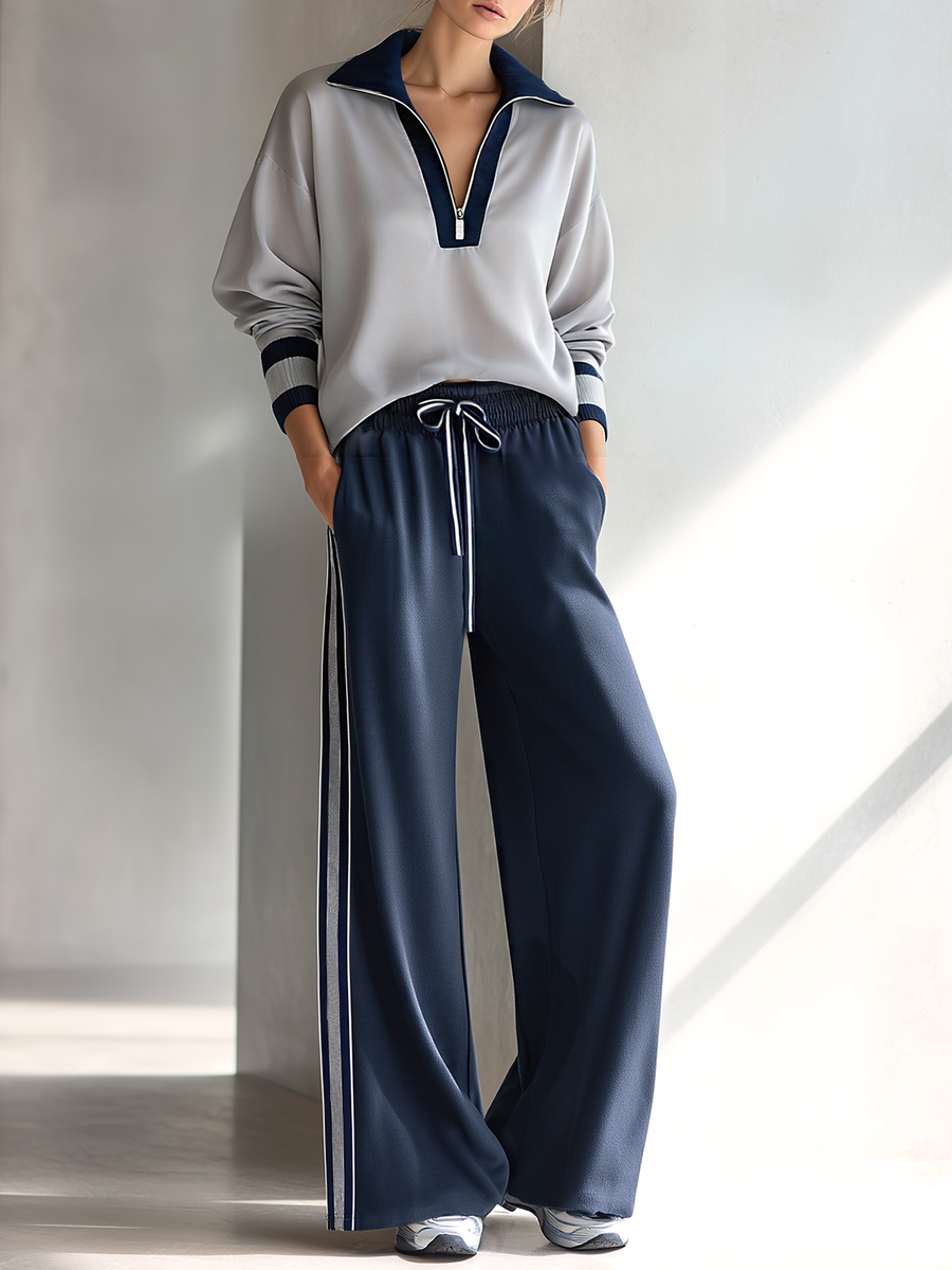 Women's Fashionable Casual Grey And Navy Blue Half-zip Top And Trousers Set