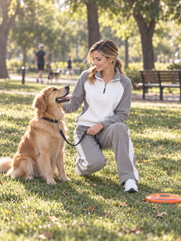 Athleisure Set Featuring A White Color-block Long-sleeve Top With A Half-zip Collar And Grey Trousers