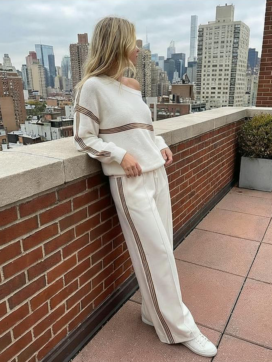 Women's Stylish Casual White Off-the-shoulder Top And Trousers Set