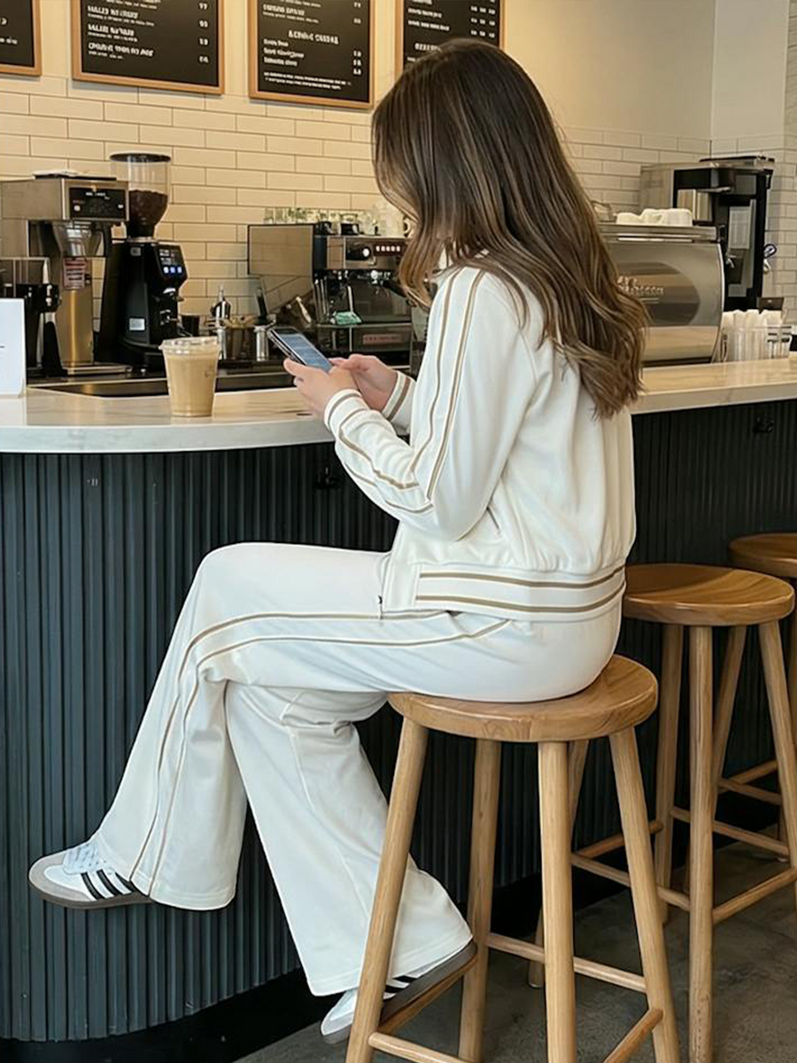Women's Stylish Casual White Long-sleeved Top And Trousers Set