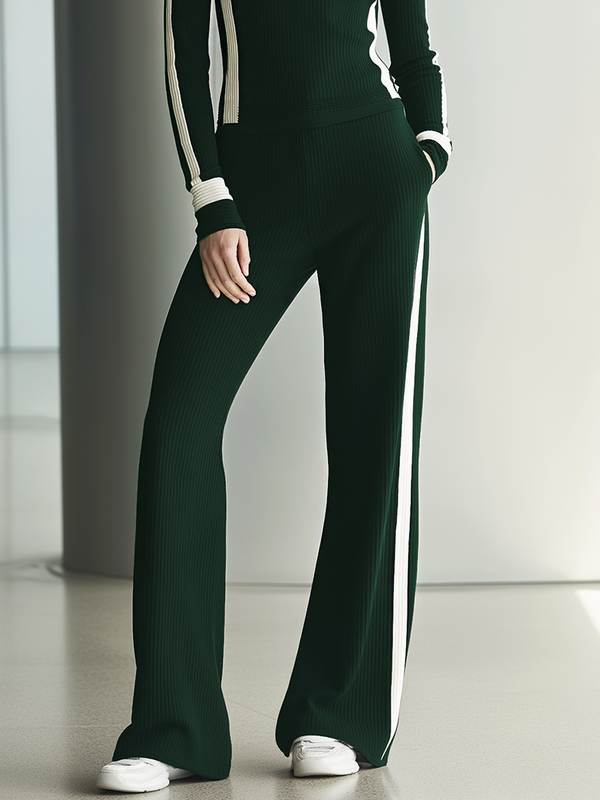 Women's Fashionable Casual Black And White Ribbed Straight-leg Trousers - Dark green