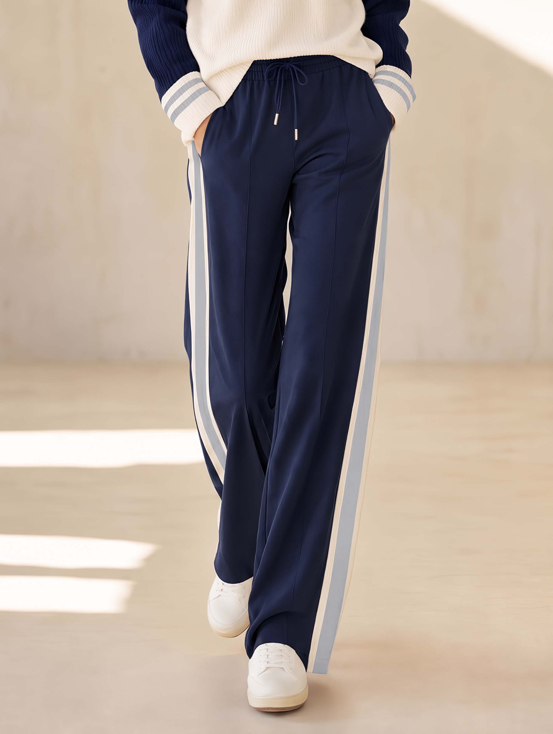 Stylish Khaki Color-Block Wide-Leg Trousers with Side Stripes